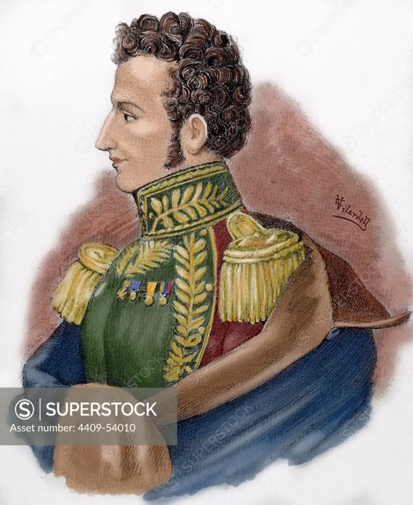 Antonio Jose de Sucre (1795-1830), known as the Grand Marshal of Ayacucho. Venezuelan independence leader, general and statesman. Colored engraving, 1888.