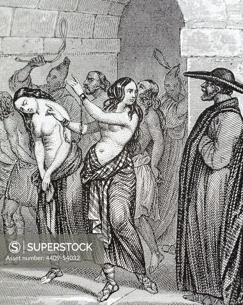Middle Ages. Women accused of witchcraft leading to prison. Engraving, 19th century.