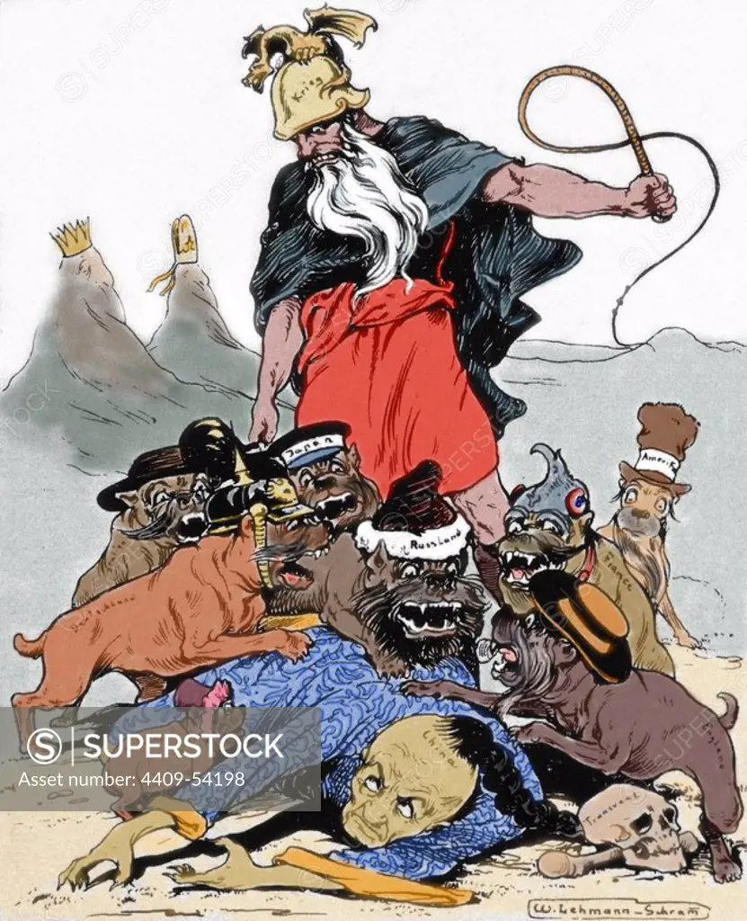 Boxer Rebellion (1900-1901). Cartoon: The spirit of war powers invited to eat the fallen Chinese Empire. Colored.