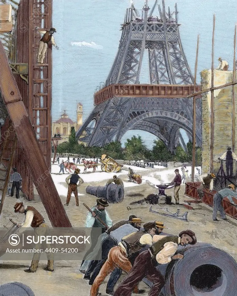 History of France. Paris. Universal Exhibition of 1889. Construction of the Eiffel Tower. Colored engraving.