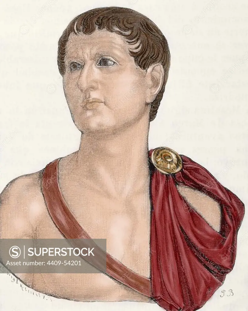 Germanicus Julius Caesar (15 B.C.-19 A.D.). Roman General and Consul. Colored engraving.