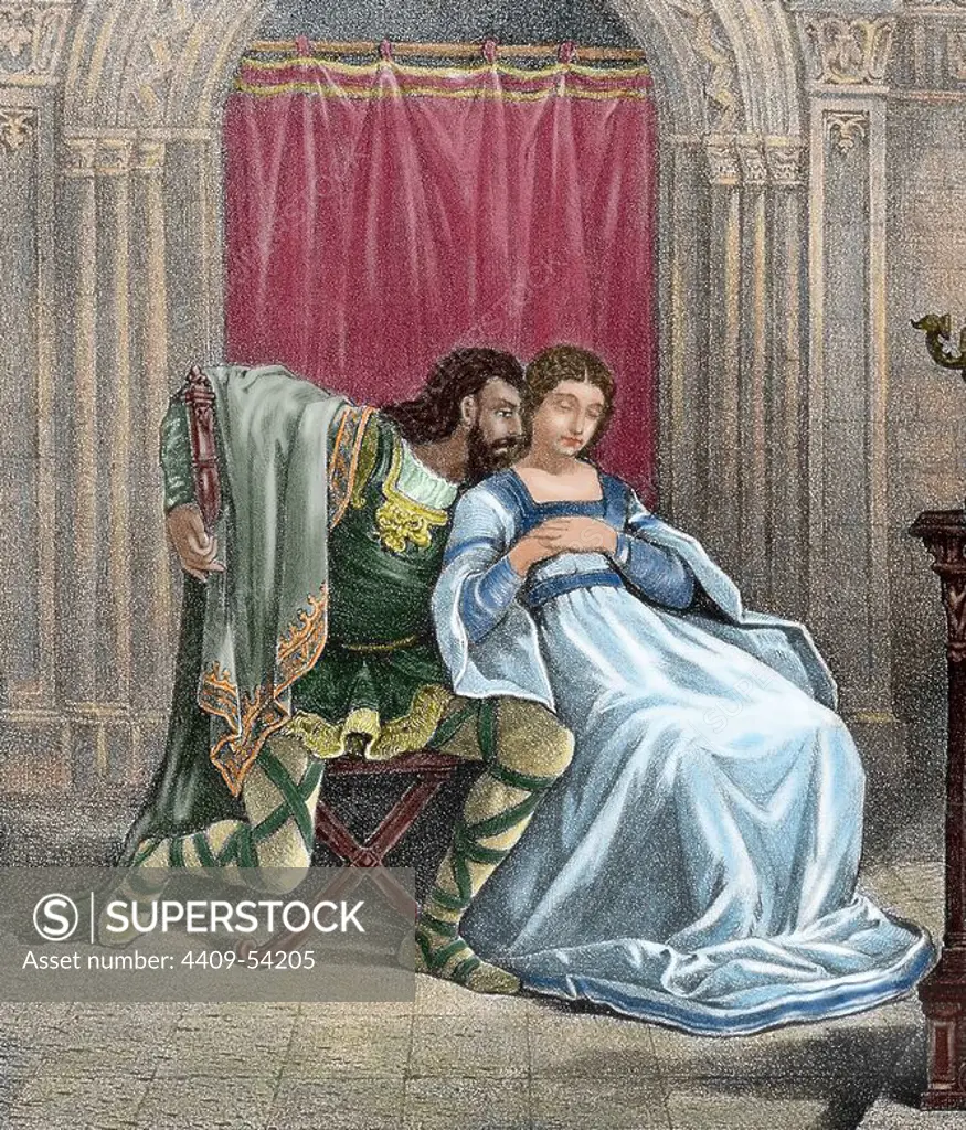 Roderic. Visigoth king (709-711). He lost the throne when the peninsula was invaded by the Muslims. Roderic with noblewoman Florinda (La Cava) Colored engraving.