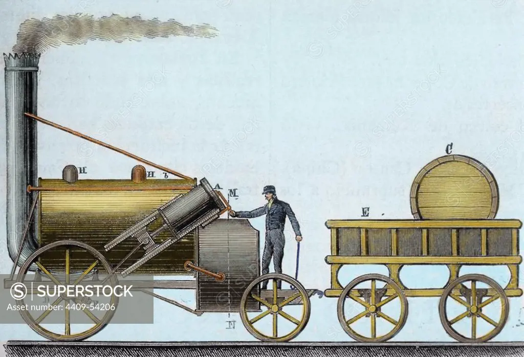 The Rocket. Locomotive designed by British engineer and inventor George Stephenson (1781-1848). It was the first that was traveling with passengers between the cities of Liverpool and Manchester (1830), at an average speed of 30 km/h. Nineteenth-century engraving. Colored.