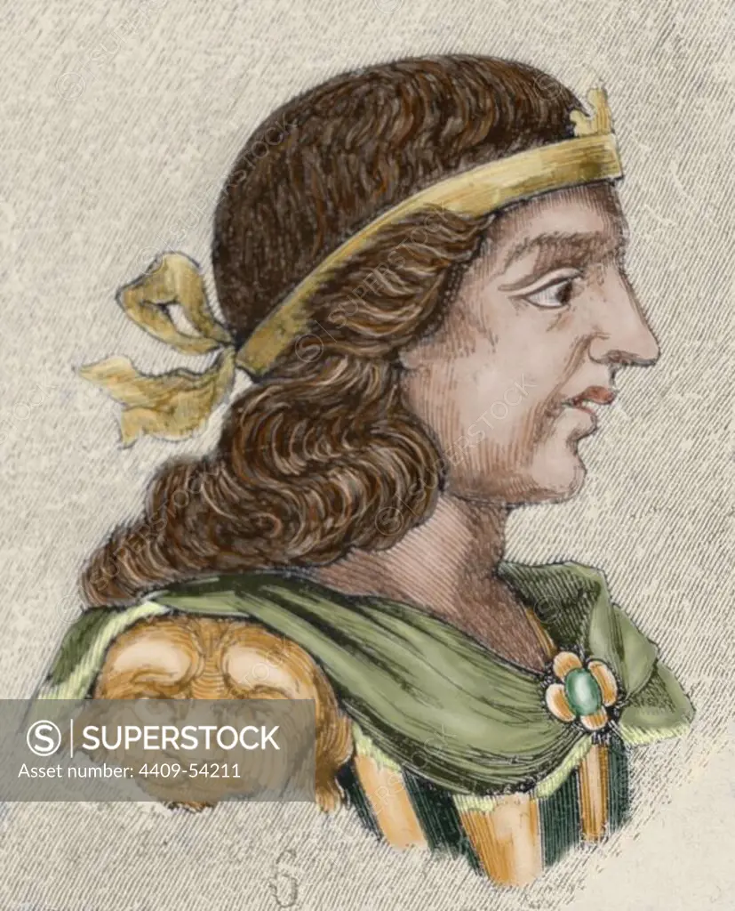 Liuva II (583-603). Visigothic King of Hispania, Septimania and Galicia from 601 to 603. Colored engraving.