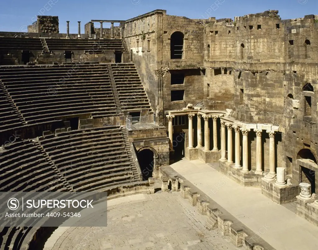 Syria. Bosra. Roman Theatre. It was constructed using black basalt. 2nd century AD, during the reign of Trajan. Photo taken before the Syrian civil war.