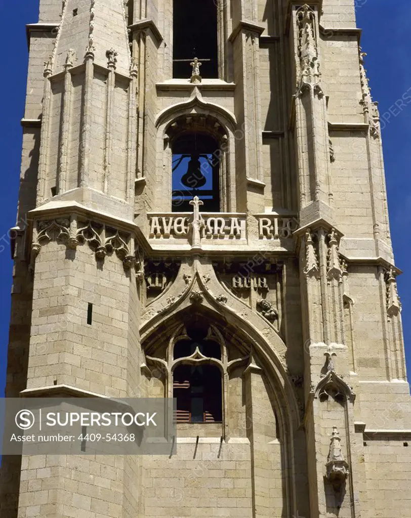 Spain, Castile and Leon, Leon. Saint Mary's Cathedral or The House of Light. Gothic style. 13th-14th century. Architectural detail of the southern tower, "Clock tower", one of the two towers that flank the main facade.