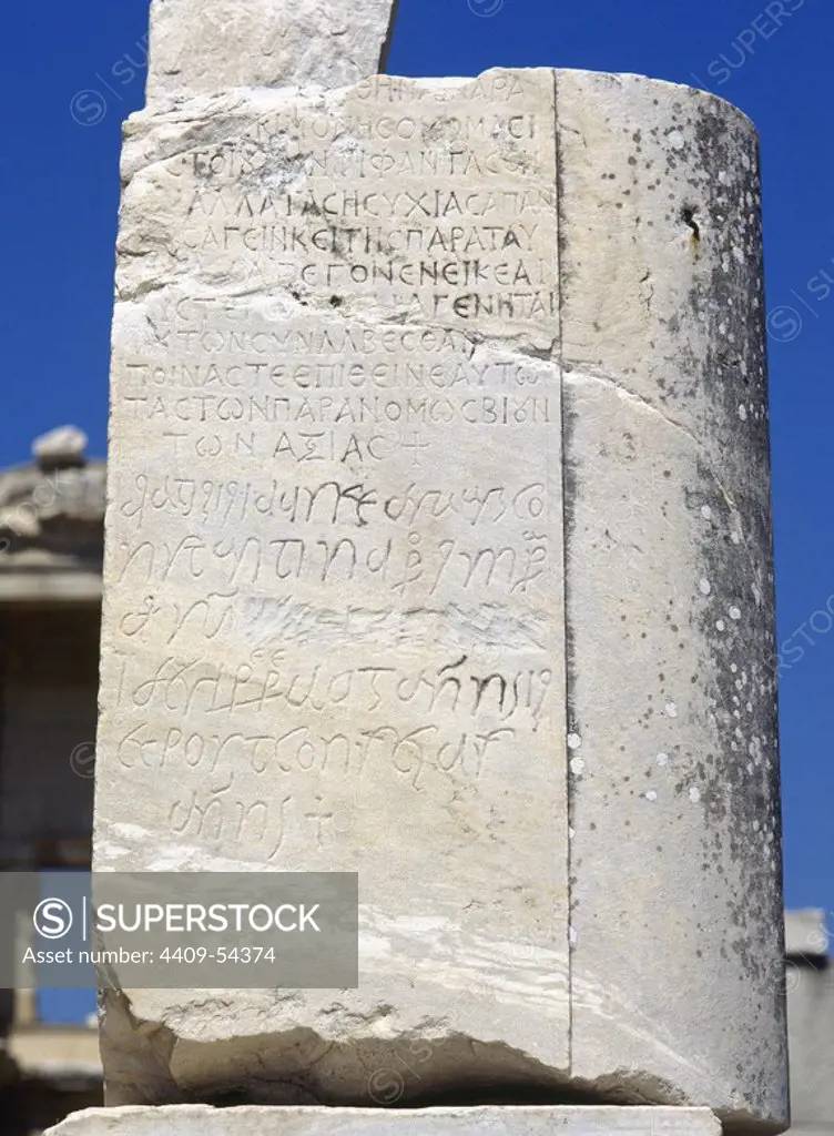 Turkey. Ephesus city. Pillar with Greek inscription, near the Library of Celsus. Edict of governors Eutropius (c. 371-372) and Festus (372-378) relating to the reconstruction of the city of Ephesus after the earthquakes of the years 358 and 365.