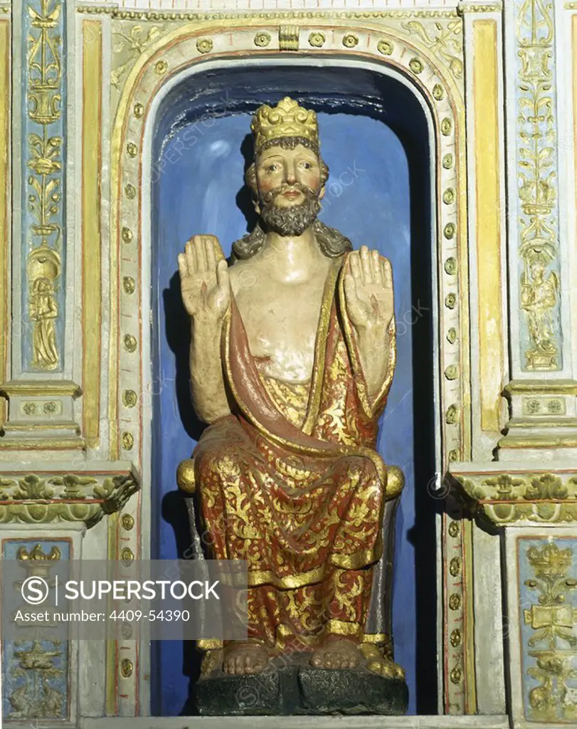 Gothic image of the Savior showing his sores. It dates from the 14th century and was Integrated in the 1532 polychrome stone altarpiece, work of Juan de Alava. Chapel of The Savior formerly called Chapel of the king of France. Cathedral of Santiago de Compostela, Galicia, Spain.