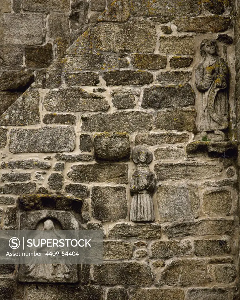 Spain, Galicia, La Corua province, Ponteceso. Church of Santa Maria de Atalaya. It was built at the end of 14th century in Gothic sailor style, by Urraca de Moscoso by direct wish of her mother Juana de Castro and Lara. Detail of the temple with reliefs from the late 14th century. They represent different virgins.