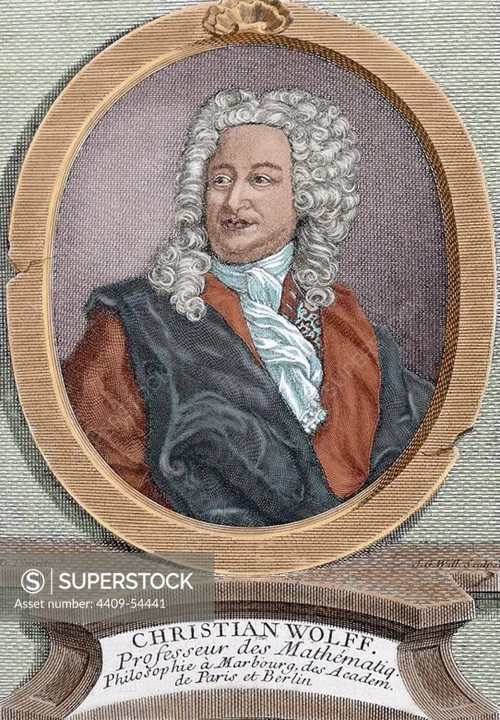 Christian Wolff (1679-1754). German philosopher. Colored engraving.