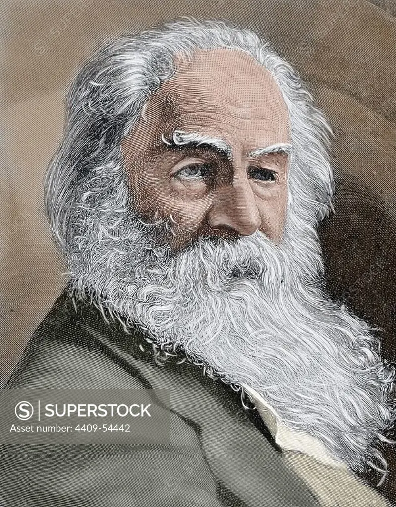 Walt Whitman (1819-1892). American poet., essayist and journalist. Nineteenth-century colored engraving.