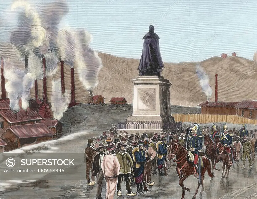 History of France. Decazeville strike. Military patrols crossing the Duke of Decazes square occupied by the strikers in the coal mines and steel mills. Engraving in 1886 by Comba. Colored engraving.