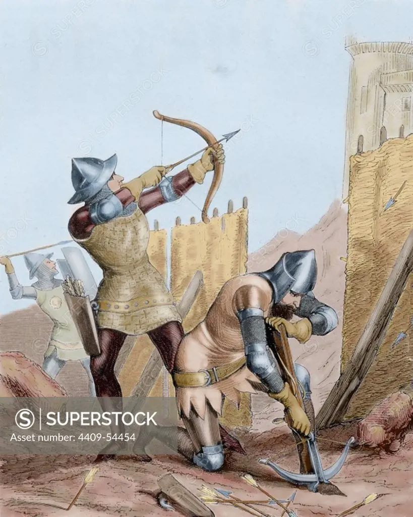 Siege of Gibraltar. Archers. 1350. Colored engraving, 1852.