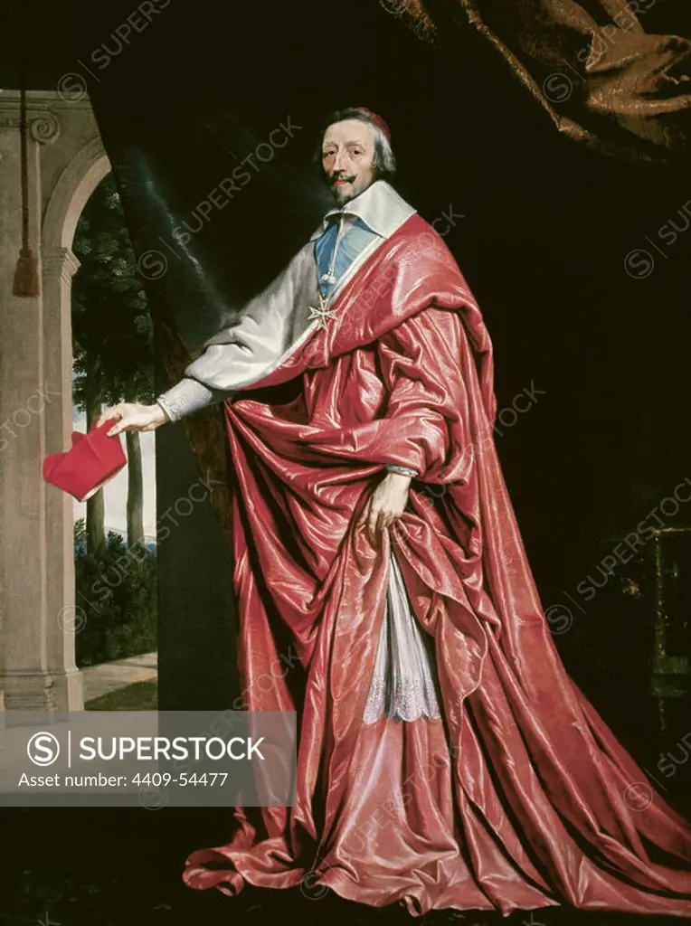 Cardinal Armand Jean du Plessis (1585-1642) known as Cardinal de Richelieu. French clergyman and statesman. He was chief minister of King Louis XIII. Portrait of Cadinal de Richelieu by Philippe de Champaigne (1602-1674), the leader French portrait painter of the reign of Louis XIII. Oil on canvas painted between 1633 and 1640 (259,5 x 178,5 cm). National Gallery. London, England, United Kingdom.
