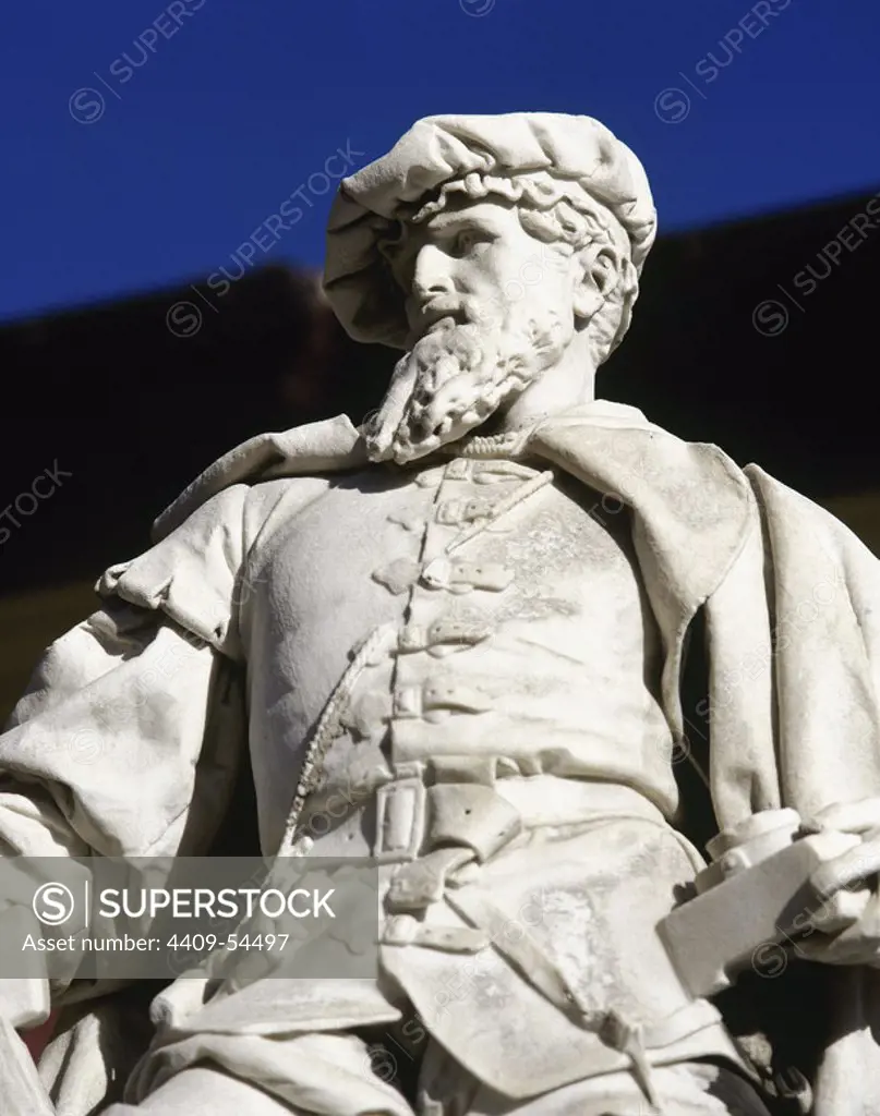 Juan Sebastian Elcano (1476-1526). Spanish navigator whose expedition completed the first circumnavigation of the globe. Detail of the monument by Ricardo Bellver (1845-1924) in 1881. It is located at the Gudaris Square in Getaria, Gipuzkoa province, Basque Country, Spain.