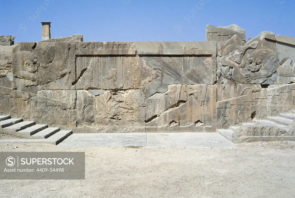 Iran. Persepolis. Capital of the Achaemenid Empire (ca. 550-330 BC). Palatial city built by King Darius I and destroyed by Alexander the Great in 330 BC. Staircase of the Palace of Xerxes (Hadish). The walls are decorated with Lion-Bull motifs (symbol of the time cycle of the day; lion represents the sun and the bull represents the night).