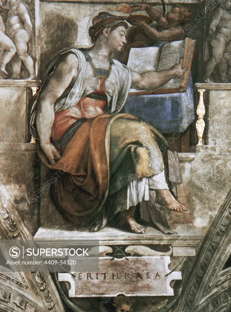 Michelangelo (1475-1564). The Erythraean Sibyl. Prophetess of classical antiquity. Detail of a fresco (1508-1512) on the Sistine Chapel ceiling. St. Peter's Basilica. Vatican City. Image taken by 1999, before the last restoration.