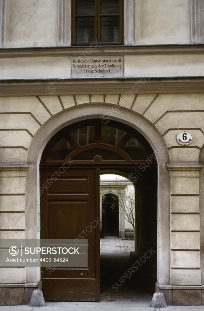 Franz Schubert (1797-1828). Austrian composer. Entrance door to the house on Kettenbru_ckengasse 6. Apartment of his brother Ferdinand where Franz Schubert died on November 19, 1828. The Schubert Sterbewohnung is a small museum. Vienna, Austria.