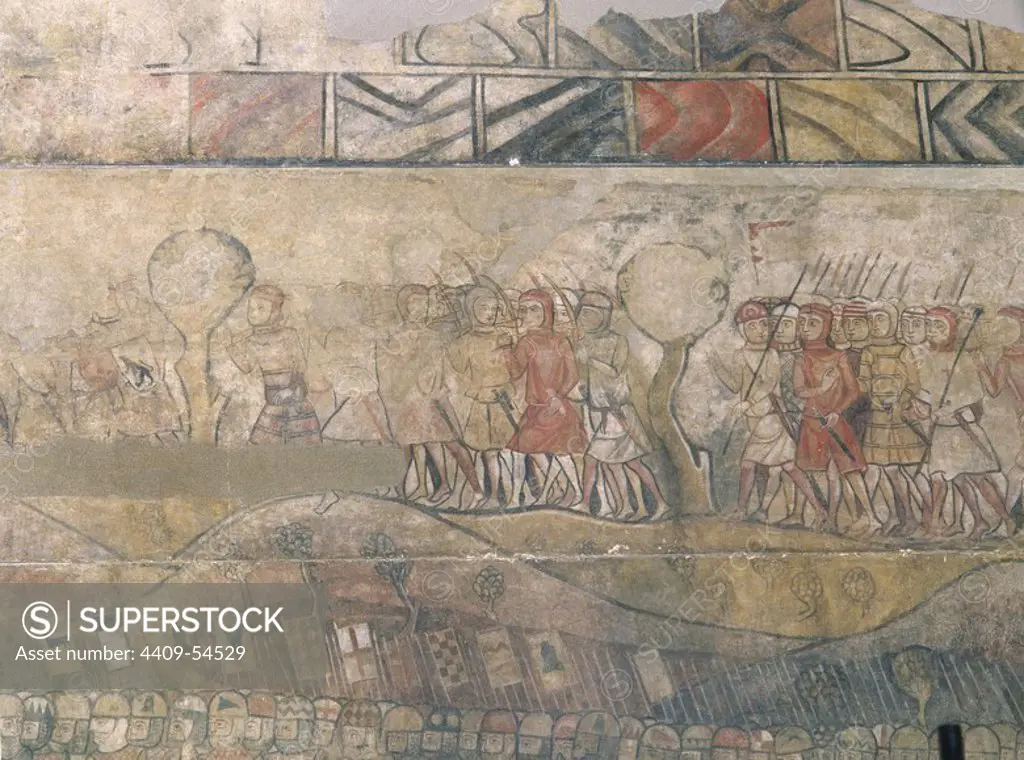 ARTE GOTICO. ESPAÑA. SALA MAJOR (MAYOR) o SALO DEL TINELL (SALON DEL TINELO). Con unas dimensiones de 17 x 33,5 m., con la Capilla de las Reinas, su construcción fue ordenada por el rey Pedro III entre 1359-1362. Pinturas murales que representan LOS SOLDADOS DEL EJERCITO DEL REY JAIME I. Antiguo Palacio Real Mayor. BARCELONA. Cataluña.