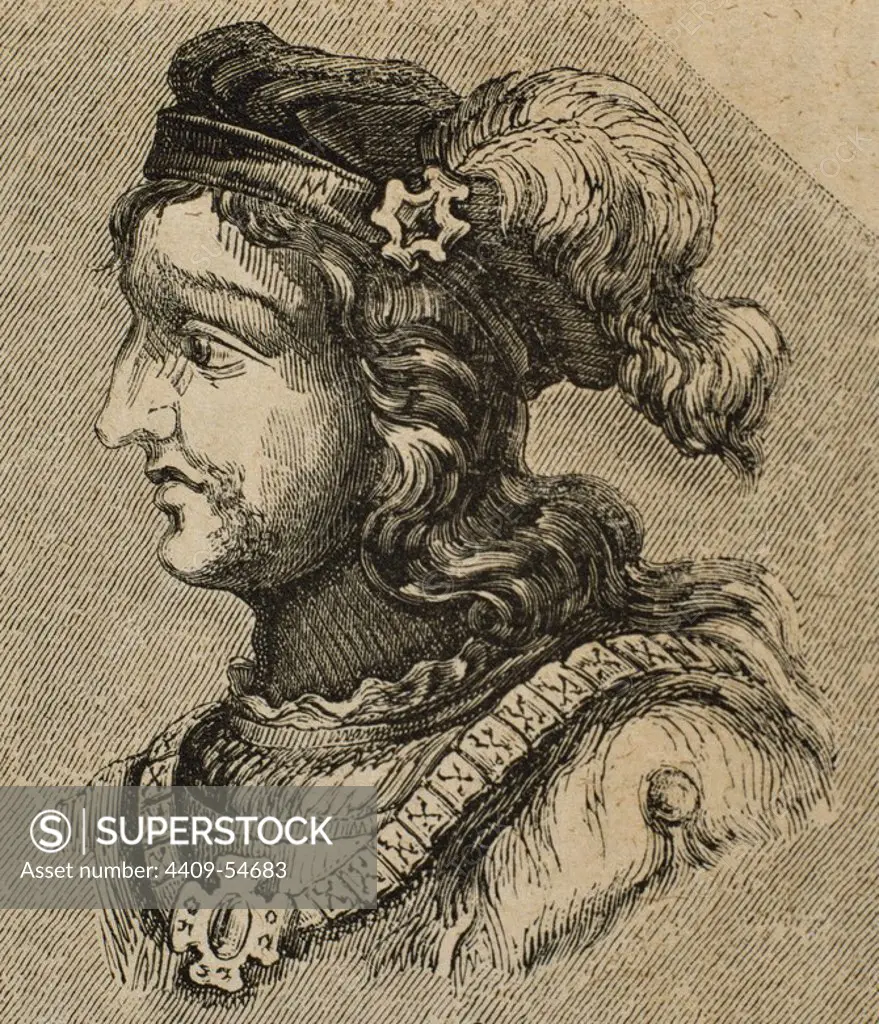 Gesalec. King of the Visigoths from 507-511, and died in 513. Illegitamate son of Alaric II. Portrait. Engraving.