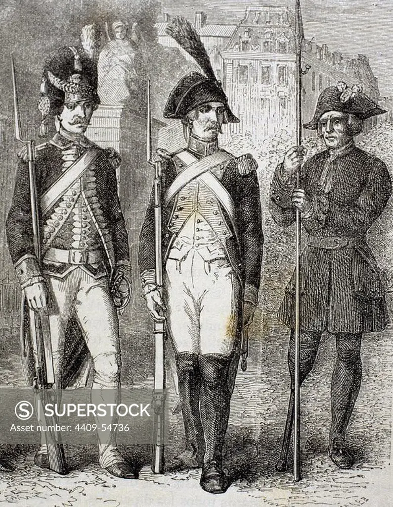 France. Guard of National Convention (center), French Grenadier Guard (left) and crippled (right). Engraving, 19th century.
