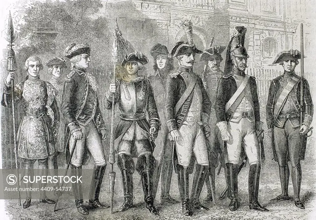 Soldiers of the National Guard during the French Revolution. Engraving, 19th century.