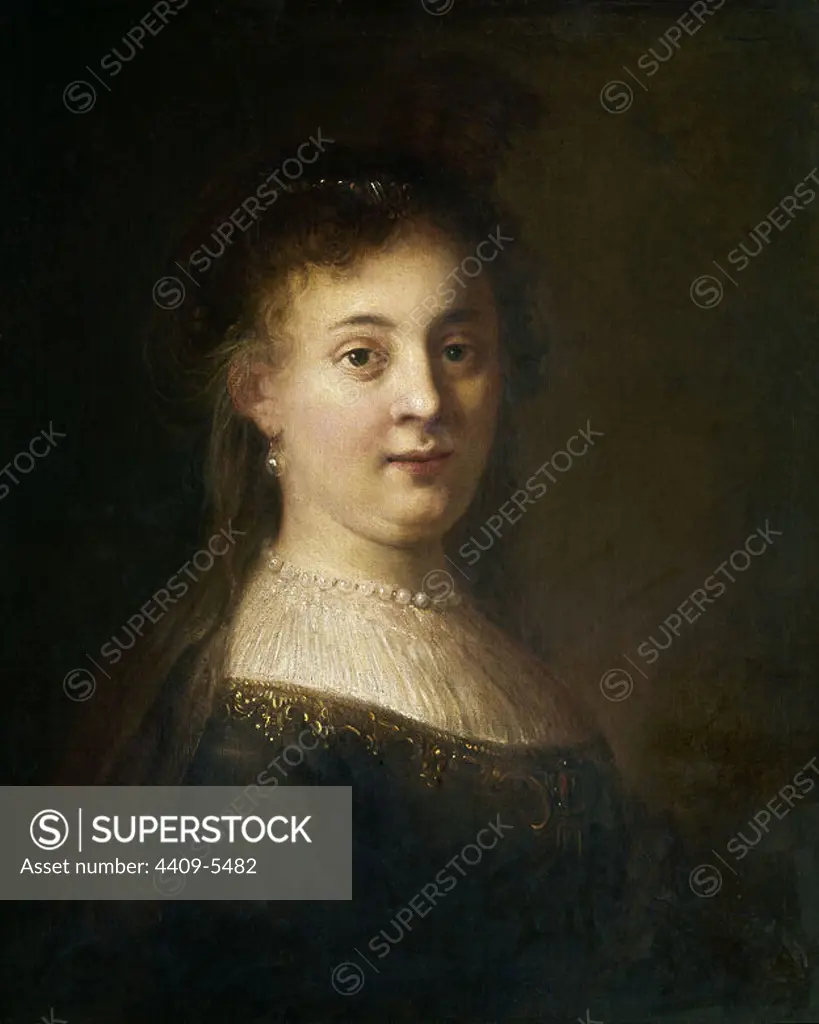 'Portrait of Saskia van Uylenborch', 1634-1699, Oil on canvas, 91 x 80,4 cm. Author: REMBRANDT HARMENSZOON VAN RIJN. Location: MUSEO LAZARO GALDIANO-COLECCION. MADRID. SPAIN. REMBRANDT ESPOSA. SASKIA ESPOSA DE REMBRANDT. UYLEMBURGH SASKIA VAN.