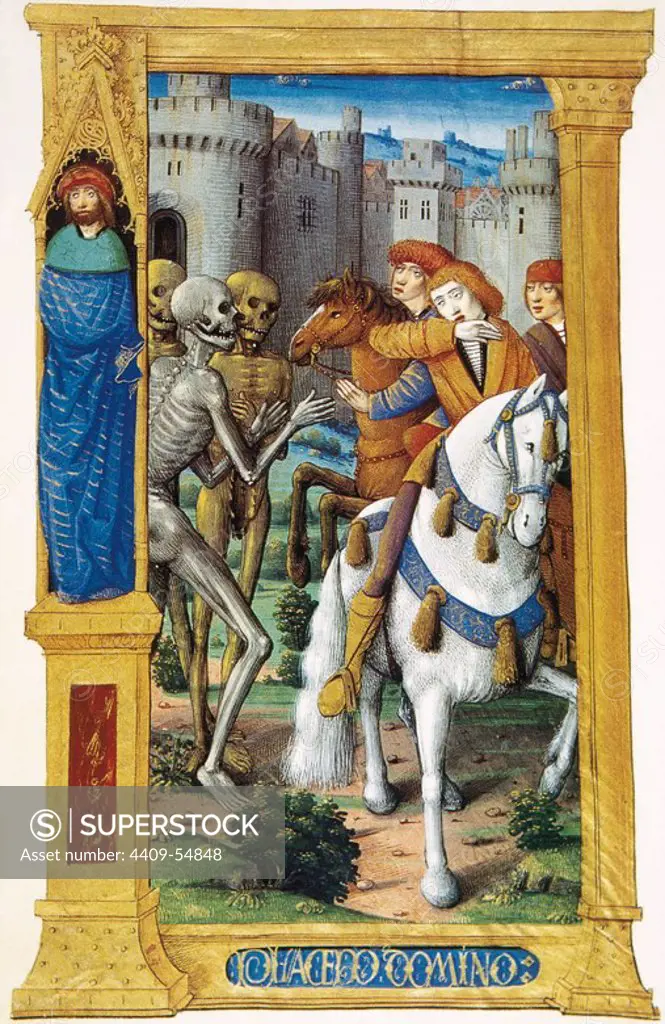 LA MUERTE. Representación de la leyenda de los "Tres vivos y los tres muertos". Miniatura del siglo XV perteneciente a un "Libro de Horas". Castillo de Chantilly. Francia.