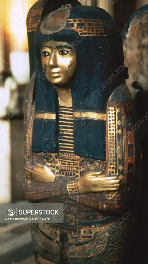 Egyptian art. Tamutnefret's coffin. Polychrome wood. Tamutnefret, a singer of Amun. Early Remessid period, 19th Dynasty. New Kingdom period. Louvre Museum. Paris, France.
