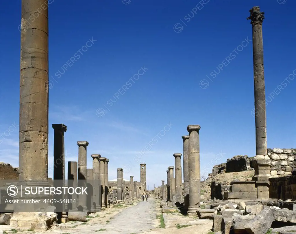 Syria, Bosra. Remains of the Decumanus Maximus, the main street of the city, swathed by columns. Photo taken before the Syrian civil war.