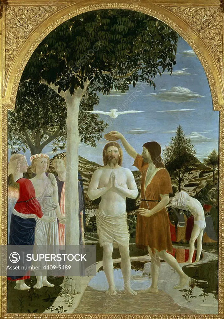 Baptism of Christ - ca. 1450 - 167x116 cm - egg tempera on poplar panel - Italian Reissance. Author: PIERO DELLA FRANCESCA (1420/92). Location: NATIONAL GALLERY. LONDON. ENGLAND. JESUS. ESPIRITU SANTO. SAN JUAN BAUTISTA.