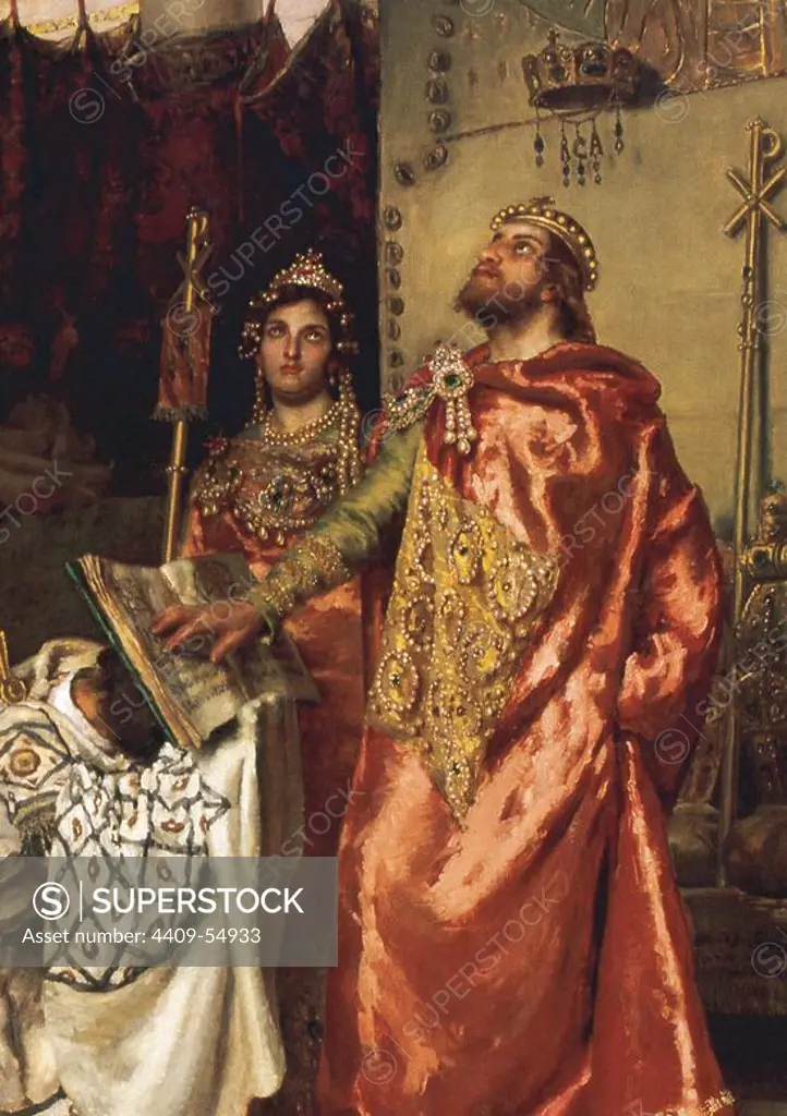 Reccared I (559Ð601). Visigothic King of Hispania, Septimania and Galicia (586Ð601). Reccared I renounced Arianism for Catholicism in January 587. The Third Council of Toledo (May 589) served to ratify the abjuration of Arianism of both the monarch and the dignitaries of the kingdom. Conversion of Reccared to Catholicism, by Antonio Muoz Degrain, 1888. Detail. Senate Palace. Madrid, Spain.
