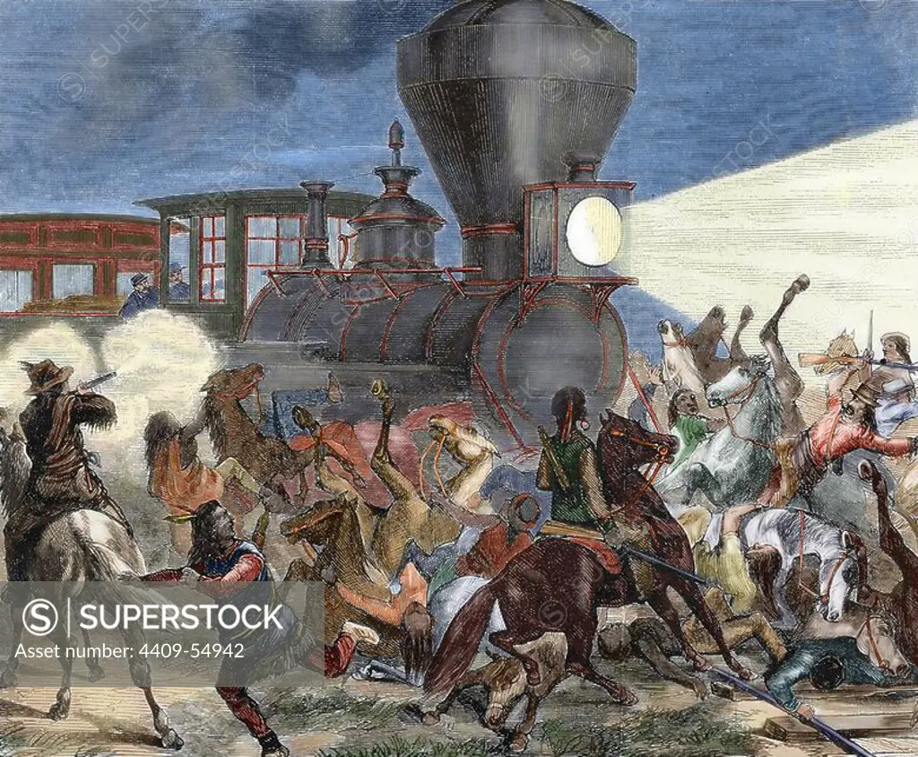 History of the American West. The nineteenth century. Union Pacific train attacked by Indians on June 14, 1870, a year after the transcontinental line was completed. Colored engraving from Frank Leslie's Illustrated newspaper. July 1870. Colored engraving.