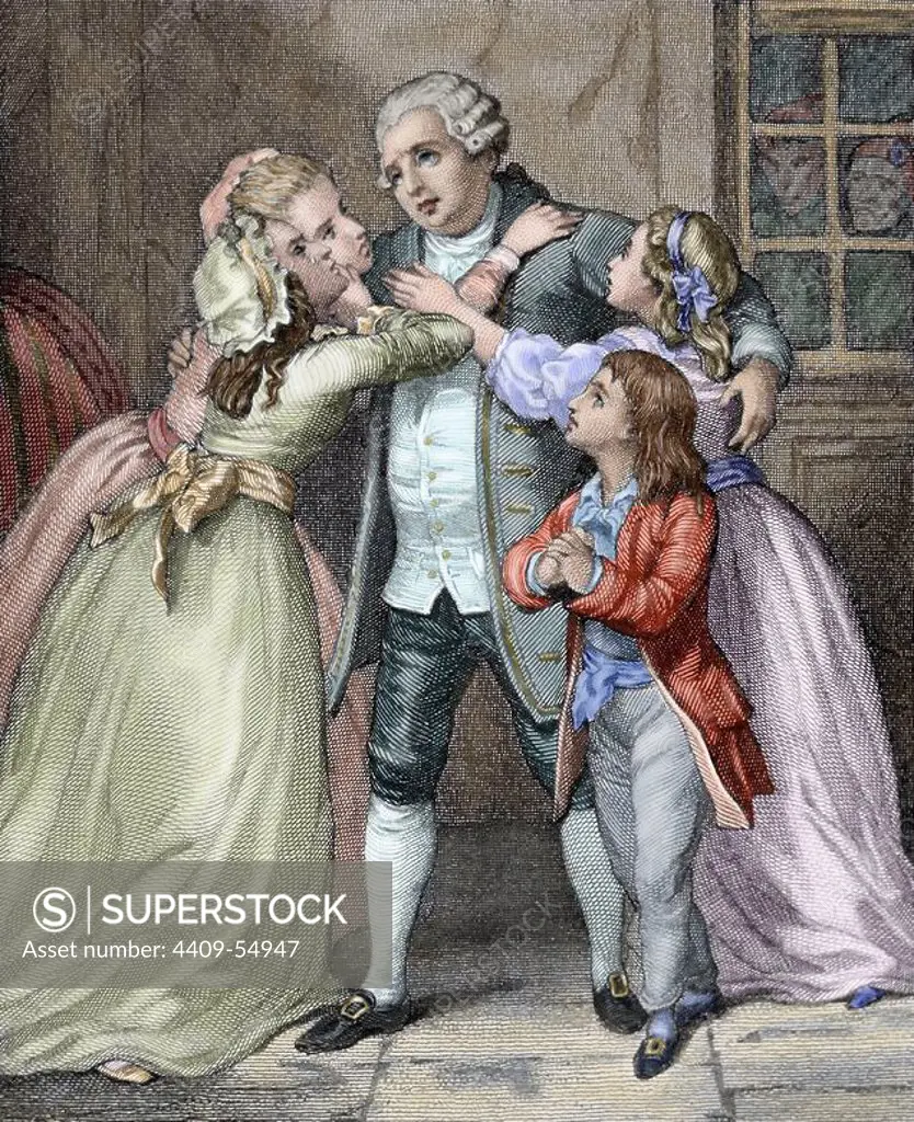 Louis XVI (1754-1793). King of France (1774-1792). Louis XVI says goodbye to his family to be executed during the Age of Terror (1793). Colored engraving. "Universal History", 1869.