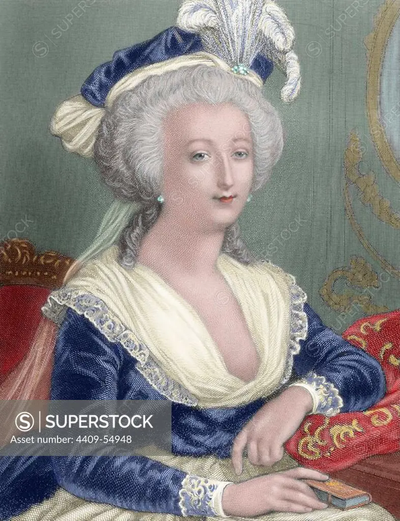 Marie Antoinette (1755-1793). Wife of Louis XVI and Queen of France (1774-92). Since the beginning of the French Revolution was the top representative of the conservative aristocracy. On October 16, 1793 she was tried and convicted. Colored engraving.
