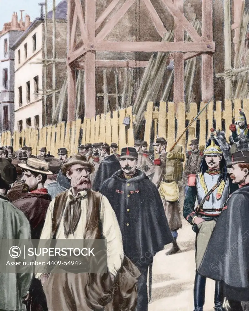 Labor movement. Strike in Paris protected by the army. Late nineteenth century. Colored engraving.