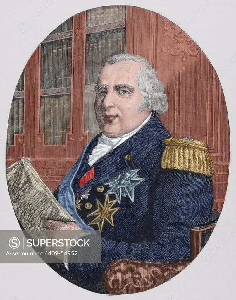 Louis XVIII (1755-1824). King of France from 1814-15 and 1815-24. Brother of Louis XVI. Ascended the throne after the fall of Napoleon. Colored engraving.