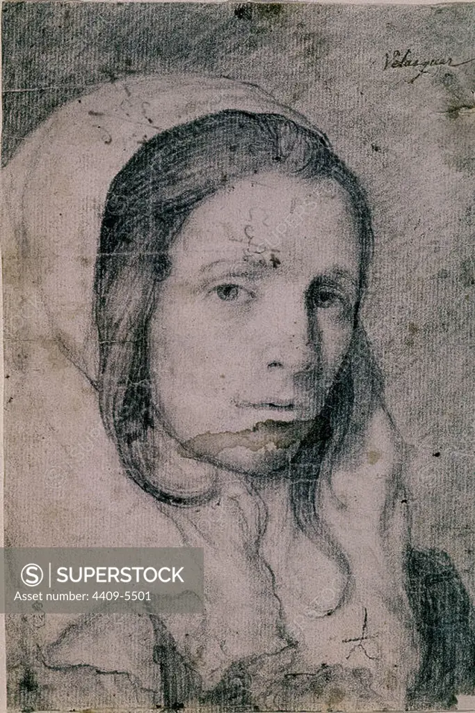Drawing of a woman's face. Dibujo de una cara de mujer. 17th century. Madrid, National library of fine art. Author: DIEGO VELAZQUEZ (1599-1660). Location: BIBLIOTECA NACIONAL-COLECCION. MADRID. SPAIN. PACHECO JUANA. VELAZQUEZ DIEGO ESPOSA.