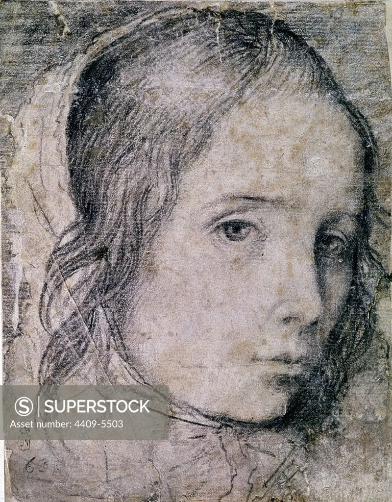 Drawing of a woman's face. Dibujo de una cara de mujer. Madrid, National library of fine art. Author: DIEGO VELAZQUEZ (1599-1660). Location: BIBLIOTECA NACIONAL-COLECCION. MADRID. SPAIN.