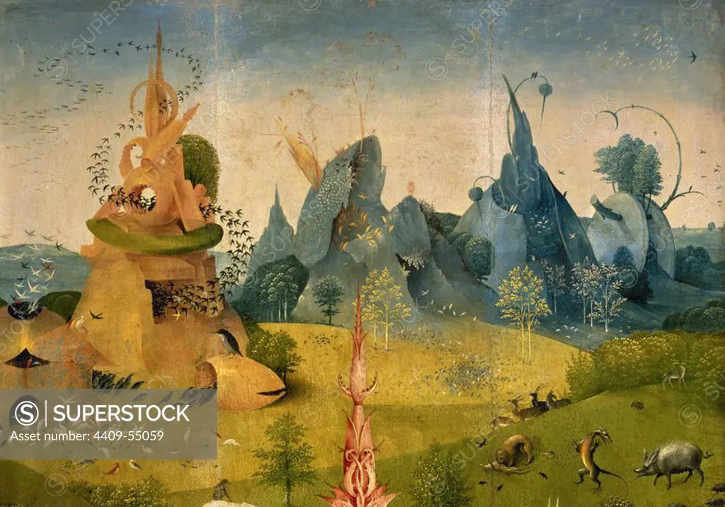 The Garden of Earthly Delights.Triptych. Paradise panel, c. 1490-1500. The Creation, detail. Attributed to Hieronymus Bosch (1450-1516). Oil on panel, 188 x 77 cm. Early Netherlandish Renaissance. Prado Museum. Madrid, Spain.