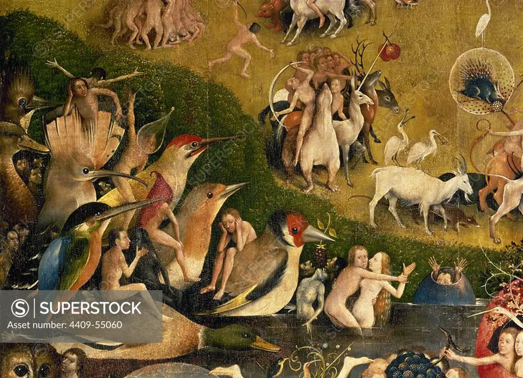 Triptych The Garden of Earthly Delights. Central panel. c. 1495-1505. Attributed to Hieronymus Bosch (1450-1516). 220 x 195 cm. Oil on oak panel. Early Netherlandish Renaissance. Prado Museum. Madrid, Spain.