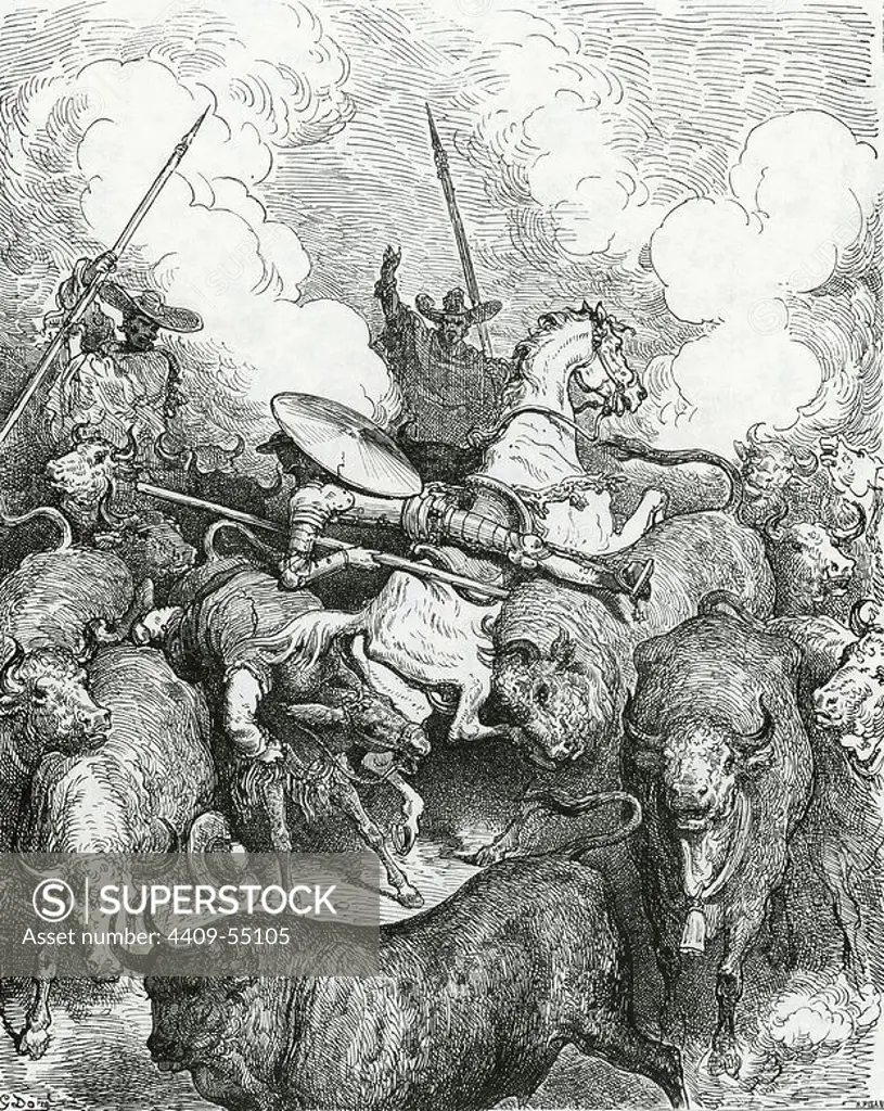 Don Quixote by Miguel de Cervantes. Don Quixote and Sancho in front of the bulls. Engraving by Gustave Dore. 19th century.