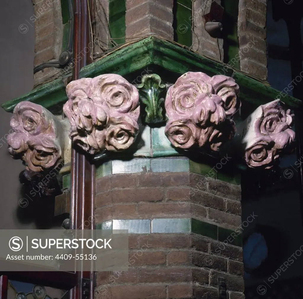 Spain. Barcelona. Palace of Catalan Music. 1905-1908. Modernist style. Built by Lluis Domenech Montaner. Capital with floral decoration.