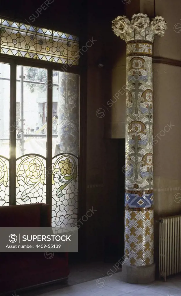 Spain. Barcelona. Palace of Catalan Music. 1905-1908. Modernist style. Built by Lluis Domenech Montaner. Column decorated with ceramic tiles.