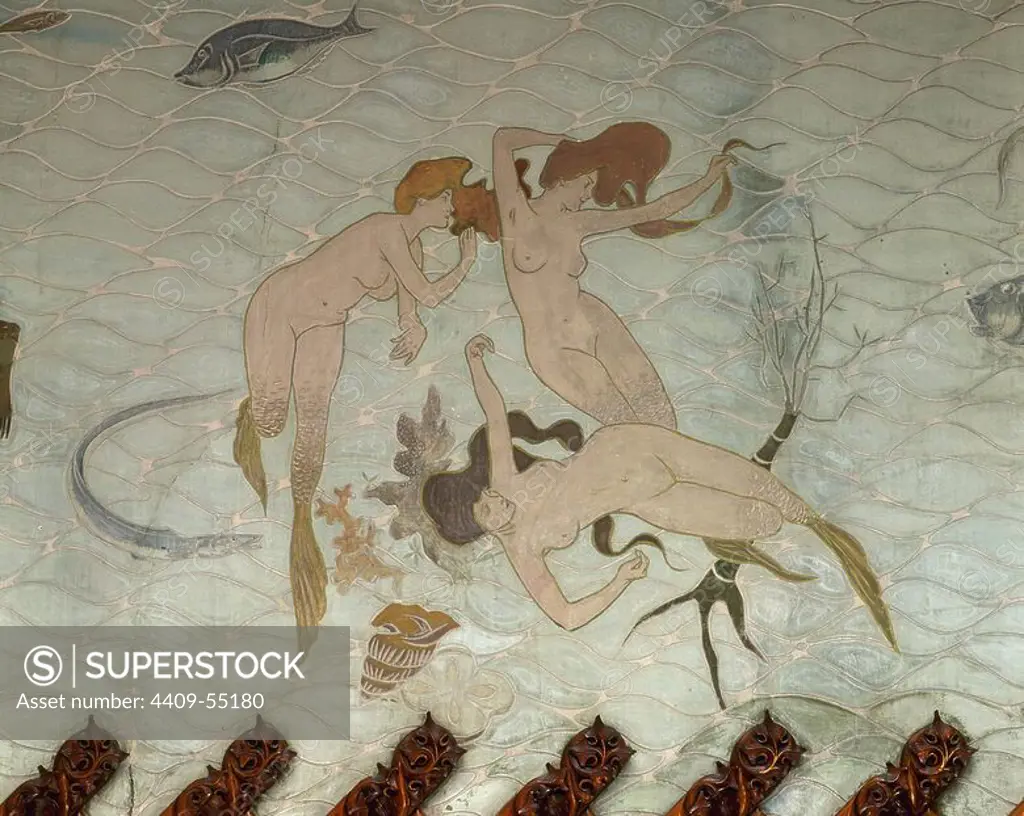 Sirens of the Mediterranean. Frescoes of the Hall of the Sirens, by Ramon Casas Carbo (1866-1932). Restaurant La Fonda Espana, restored by Lluis Domenech Montaner. 1899. Barcelona. Spain.