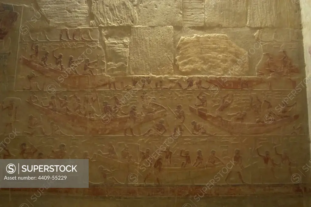 Egypt. Saqqara. Mastaba of Ti. 5th Dynasty. Old Kingdom. Relief depicting carpenters building wooden boats.