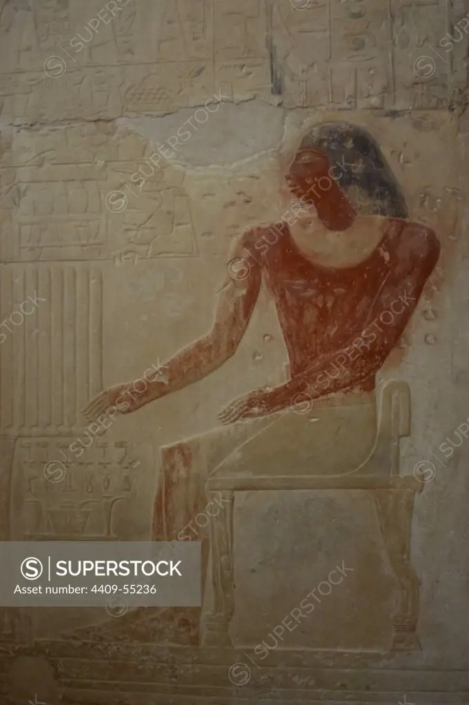 Mastaba of Ptahhotep and Akhethotep. 5th Dynasty. Old Kingdom. Egyptian viziers. Father and son. Relief depicting the deceased seated before the offerings table. Saqqara. Egypt.