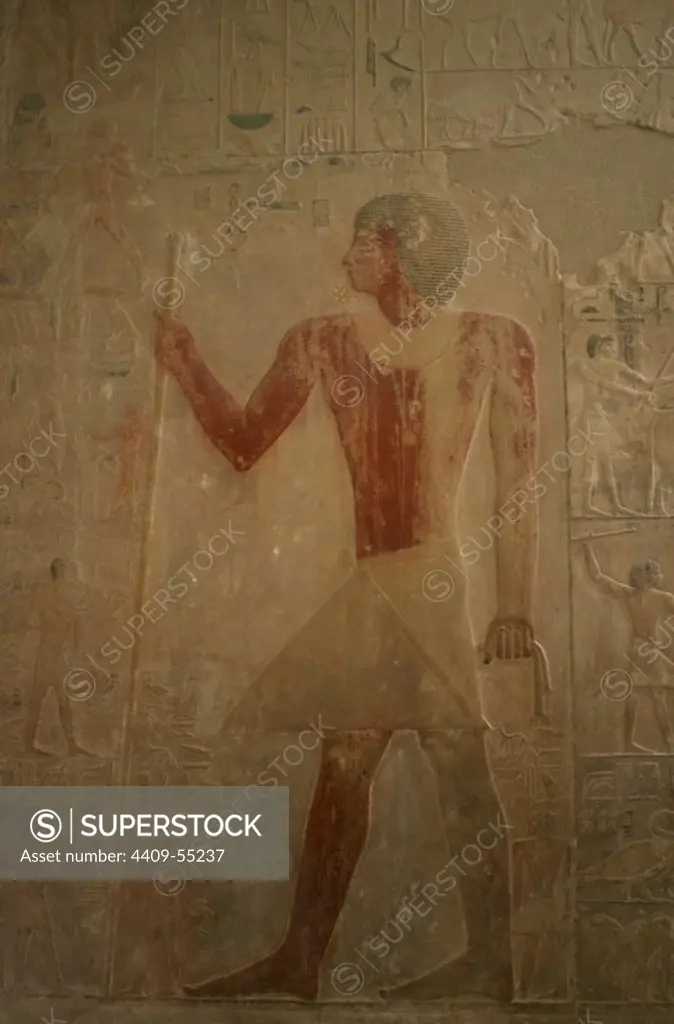 Mastaba of Ptahhotep and Akhethotep. 5th Dynasty. Old Kingdom. Egyptian viziers. Father and son. Egyptian viziers. Father and son. Relief depicting Ptahhotep. Saqqara. Egypt.