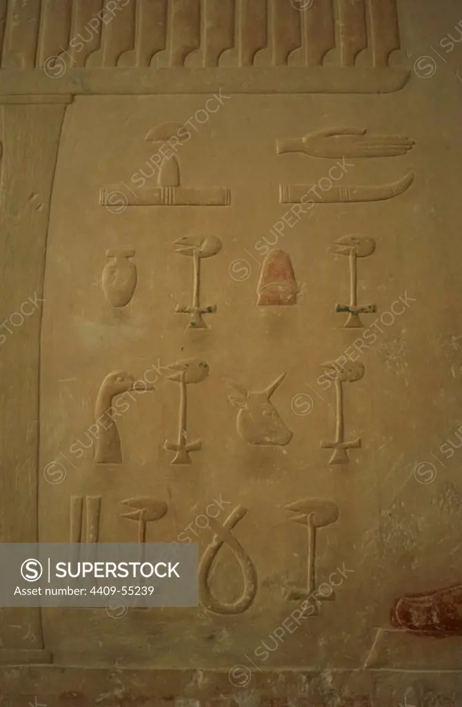 Mastaba of Ptahhotep and Akhethotep. 5th Dynasty. Old Kingdom. Egyptian viziers. Father and son. Hieroglyphs. Saqqara. Egypt.