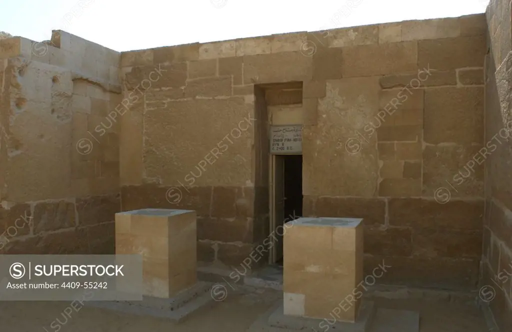 Mastaba of Ptahhotep and Akhethotep. 5th Dynasty. Old Kingdom. Egyptian viziers. Father and son. Door. Saqqara. Egypt.